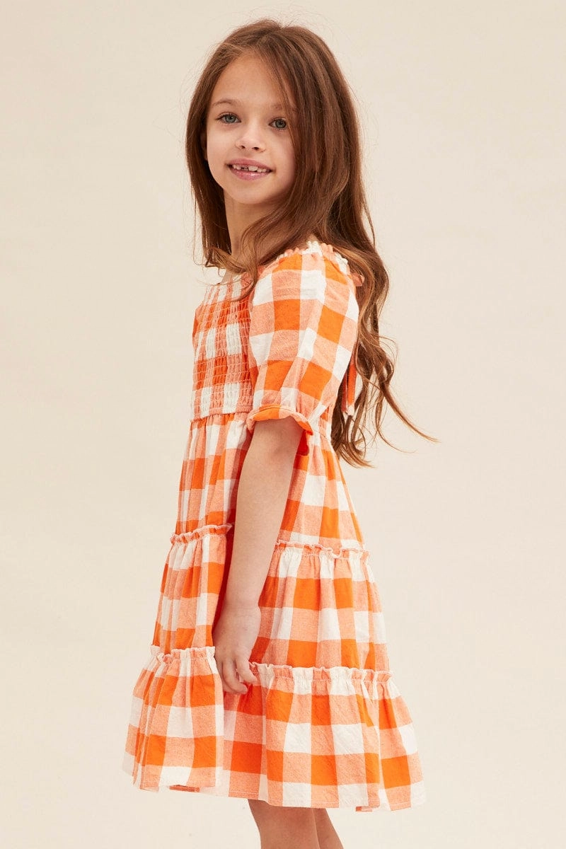 Check Kids Short Sleeve Check Shirred Midi Dress Stylish Design Compact Fit