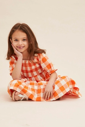 Modern and Stylish Check Kids Short Sleeve Check Shirred Midi Dress