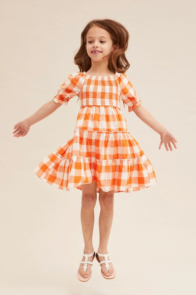 Check Kids Short Sleeve Check Shirred Midi Dress Dressy Glow Feminine Charm