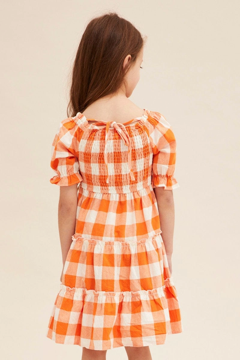 Check Kids Short Sleeve Check Shirred Midi Dress Soft Gradient