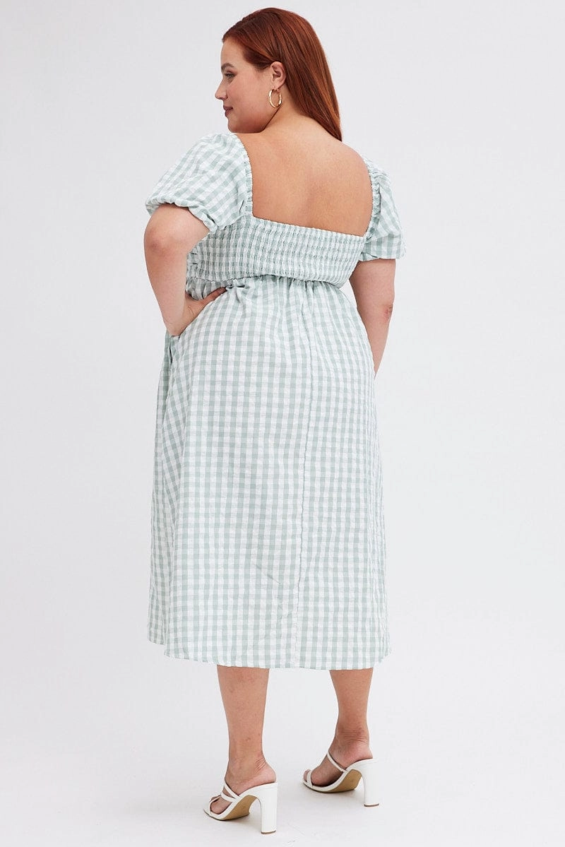 Airy Feel Decorative-Design Check Midi Dress Ruched Bodice Gingham Puff Sleeve