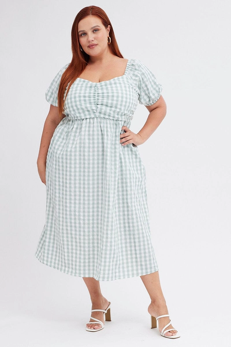 High-waist Effortless Wear Check Midi Dress Ruched Bodice Gingham Puff Sleeve
