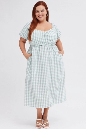 Check Midi Dress Ruched Bodice Gingham Puff Sleeve Urban Look Flowing Fit