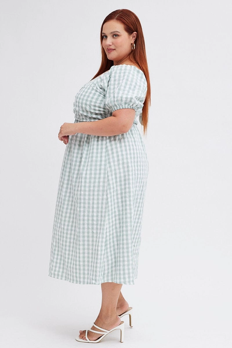 Urban Motion Travel Fit Check Midi Dress Ruched Bodice Gingham Puff Sleeve