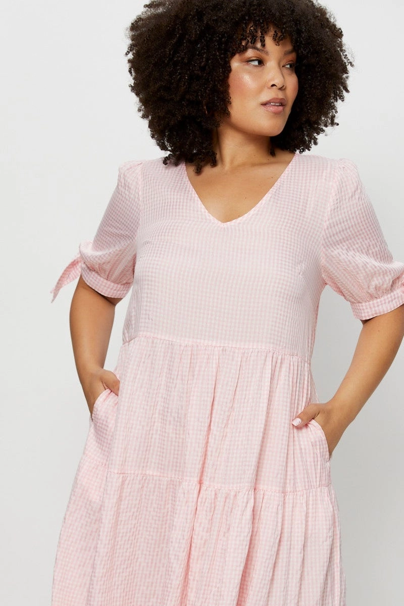 Check Midi Dress V-neck Short Sleeve Timeless Shape