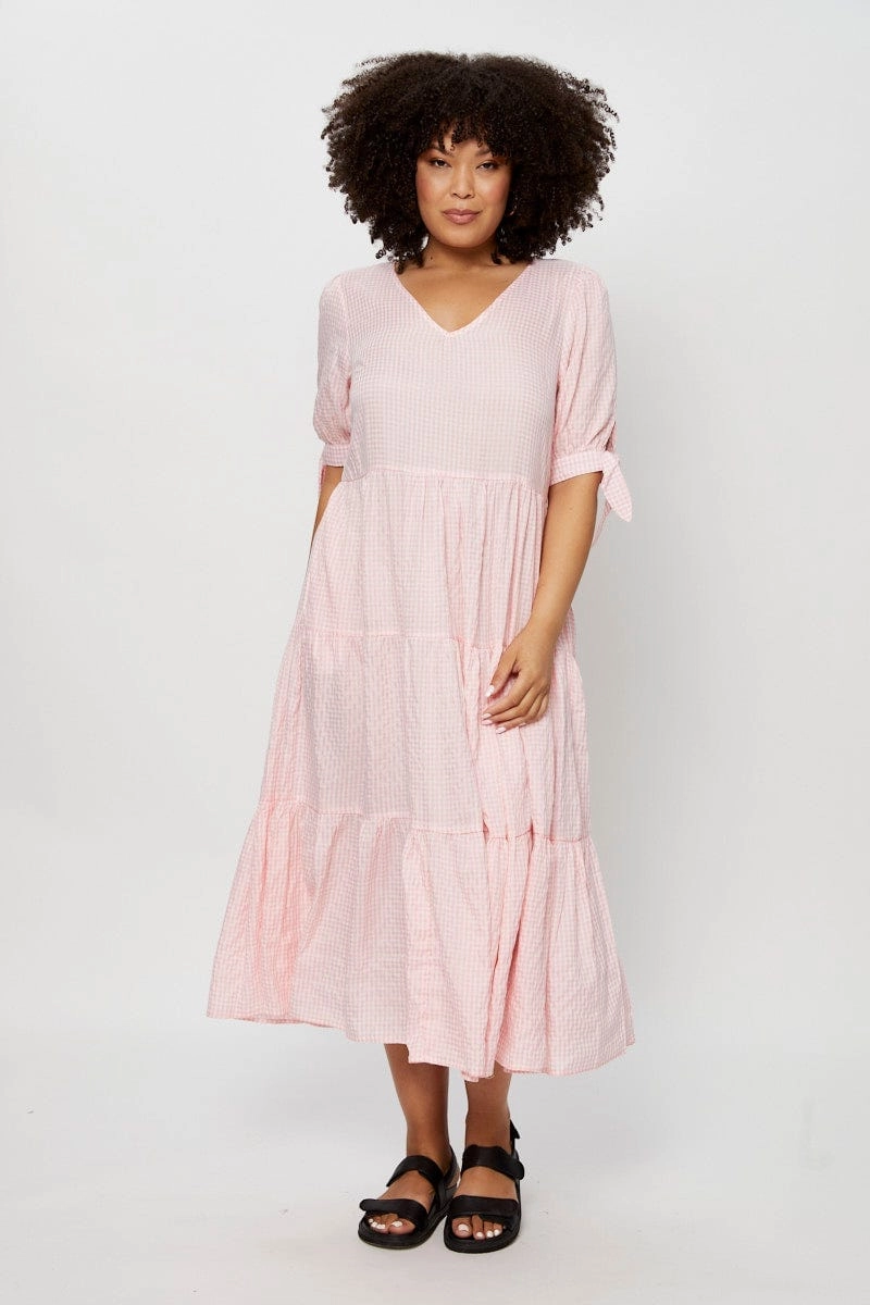 Smooth Tone Check Midi Dress V-neck Short Sleeve