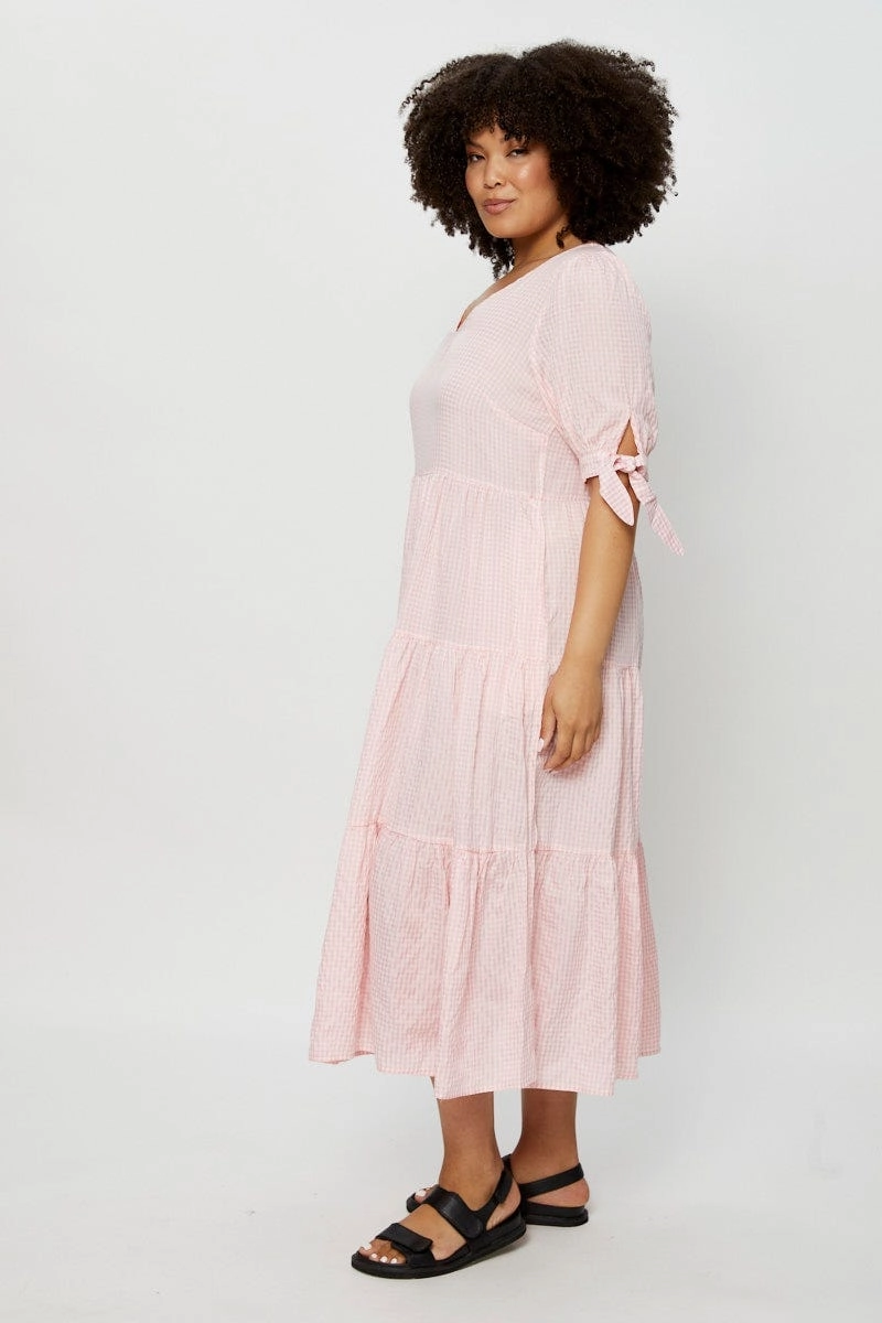 Trendy Comfort Check Midi Dress V-neck Short Sleeve