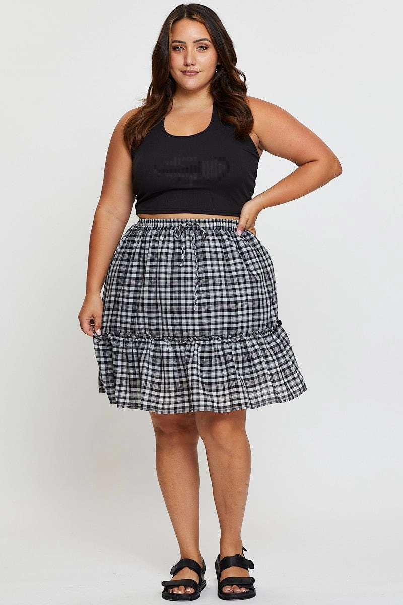 Check Mini Skater Skirt Elastic Waist Light Motion Chill Vibe