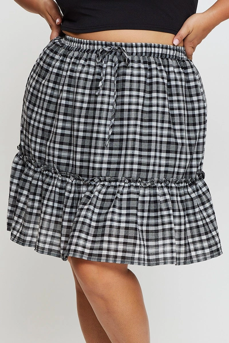 Check Mini Skater Skirt Elastic Waist Texture Focus