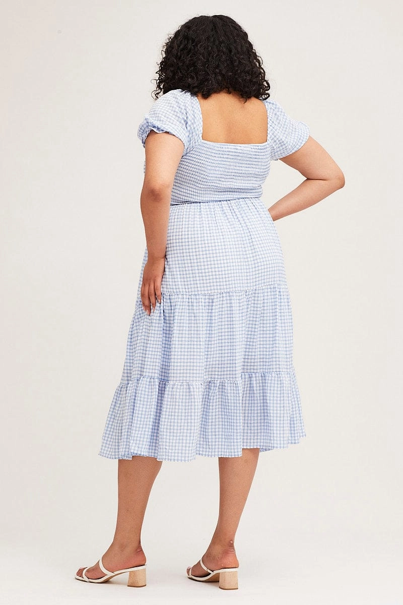 Tailored Cut Check Short Sleeve Tiered Midi Dress