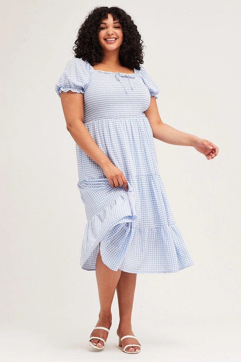 Check Short Sleeve Tiered Midi Dress Romantic-Detail