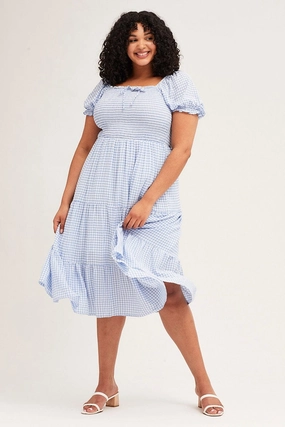 Check Short Sleeve Tiered Midi Dress Back Glow Natural Form