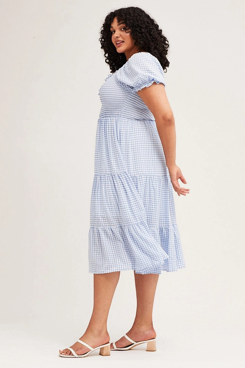 Check Short Sleeve Tiered Midi Dress Event Perfect Autumn Mood