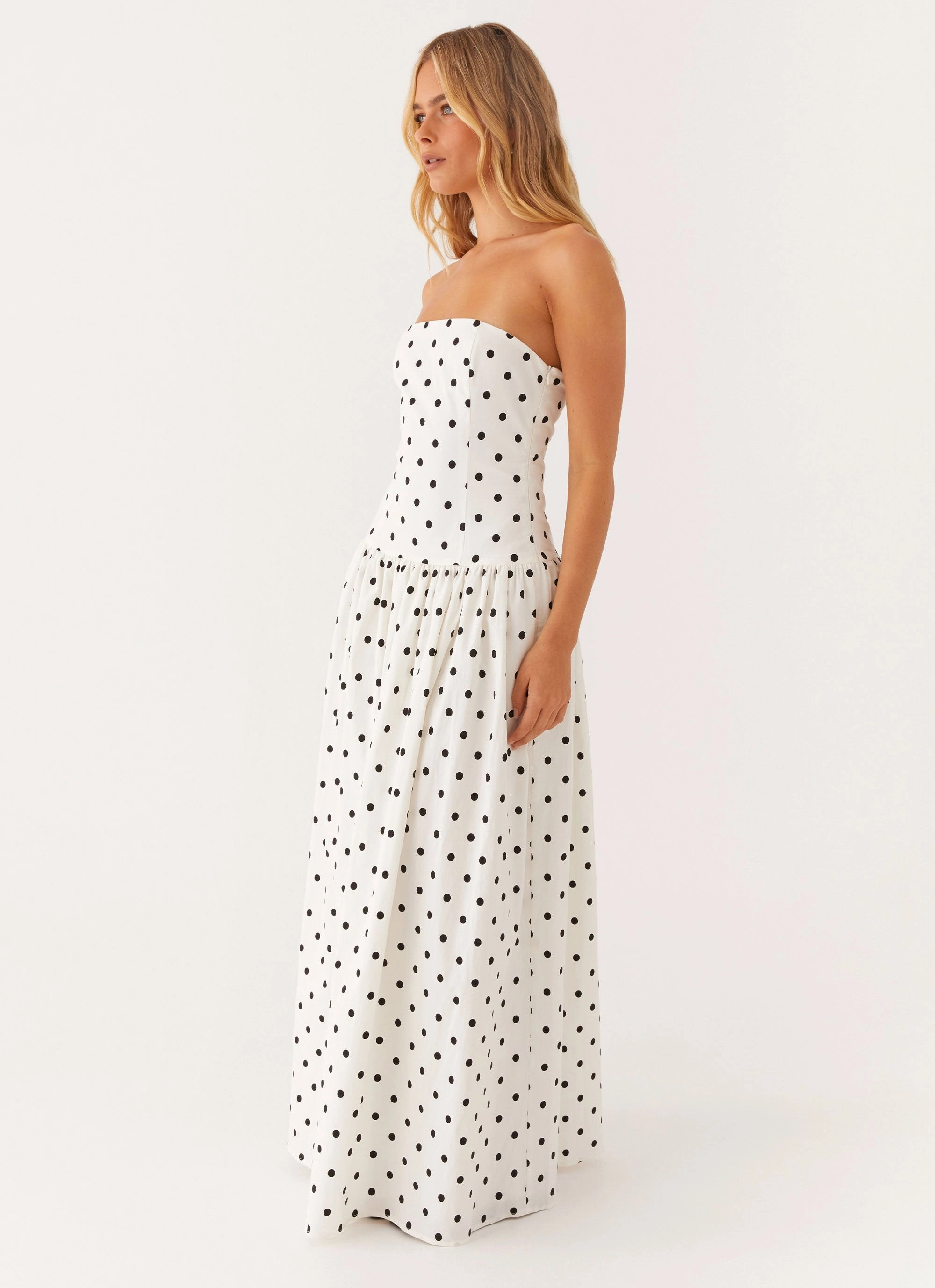 Office Tone Flattering Fit Wear Andorra Maxi Dress - White Polkadot