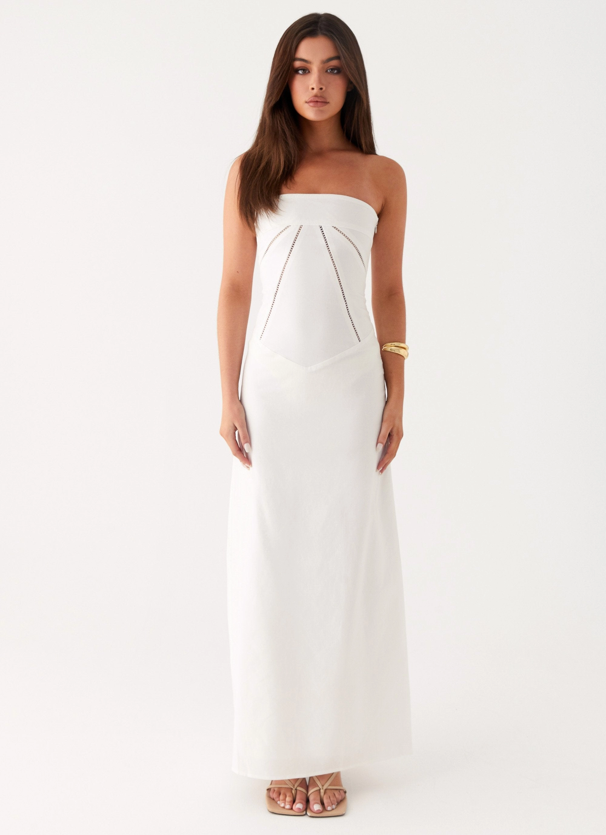Stylish Waist Fit Cerisa Linen Maxi Dress - White