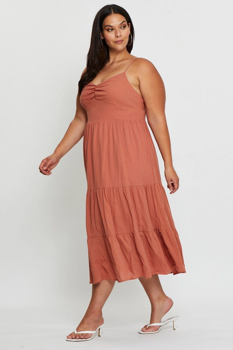 Brown Midi Skater Dress Sleeveless Tie Elegant Piece