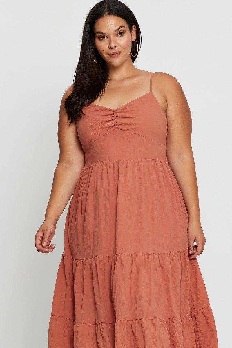 Brown Midi Skater Dress Sleeveless Tie Casual maxi dress Spring Mood