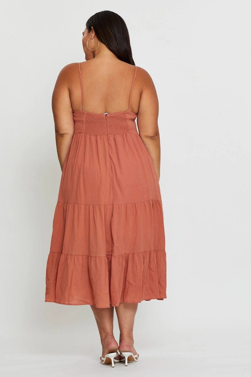 Comfortable Waist Design Fit Summer Outfit Brown Midi Skater Dress Sleeveless Tie