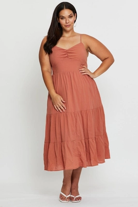 Mood Glow Timeless Vibe Brown Midi Skater Dress Sleeveless Tie