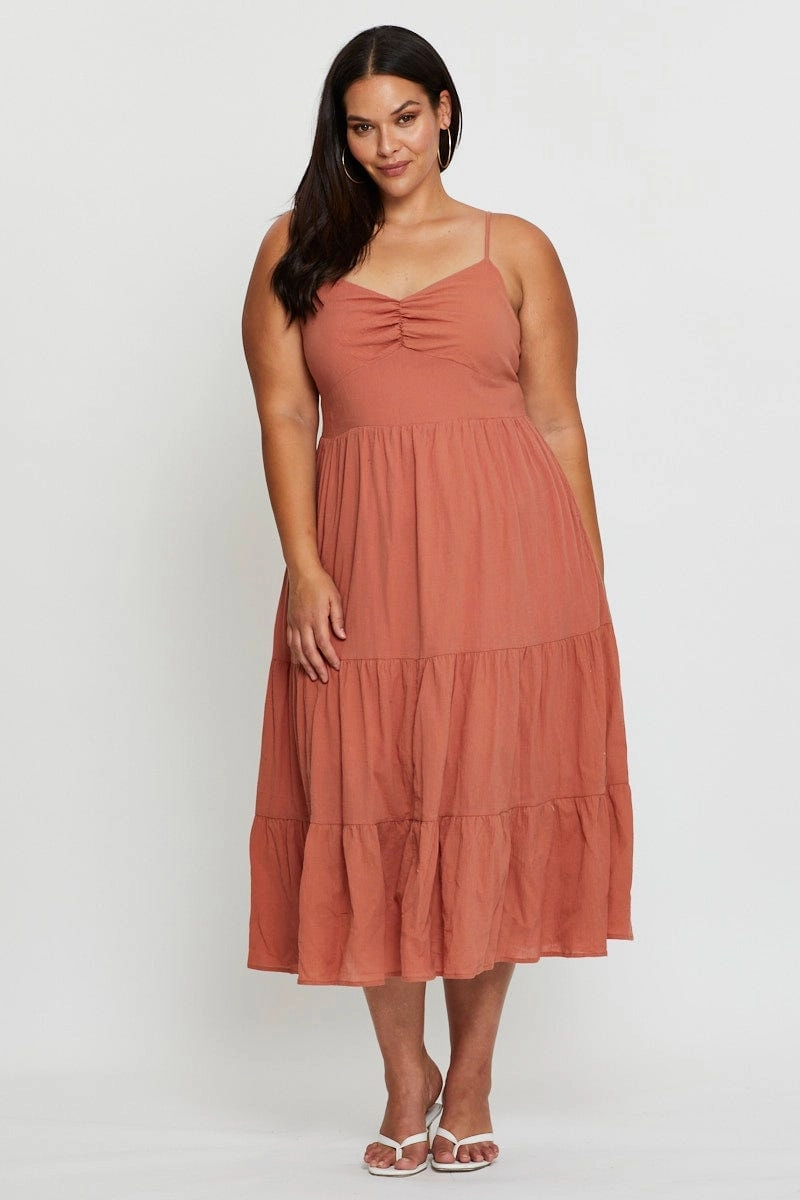 Brown Midi Skater Dress Sleeveless Tie Street Flex