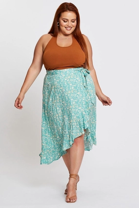 Floral Print Maxi Skirt Ruffle Hem Scalloped Edge Pastel tone