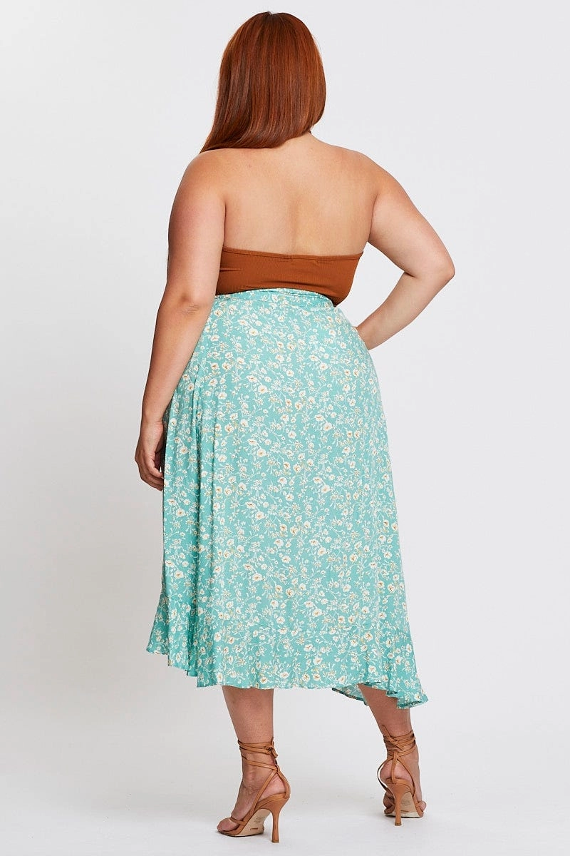 Removable Belt Relaxed Feel Floral Print Maxi Skirt Ruffle Hem