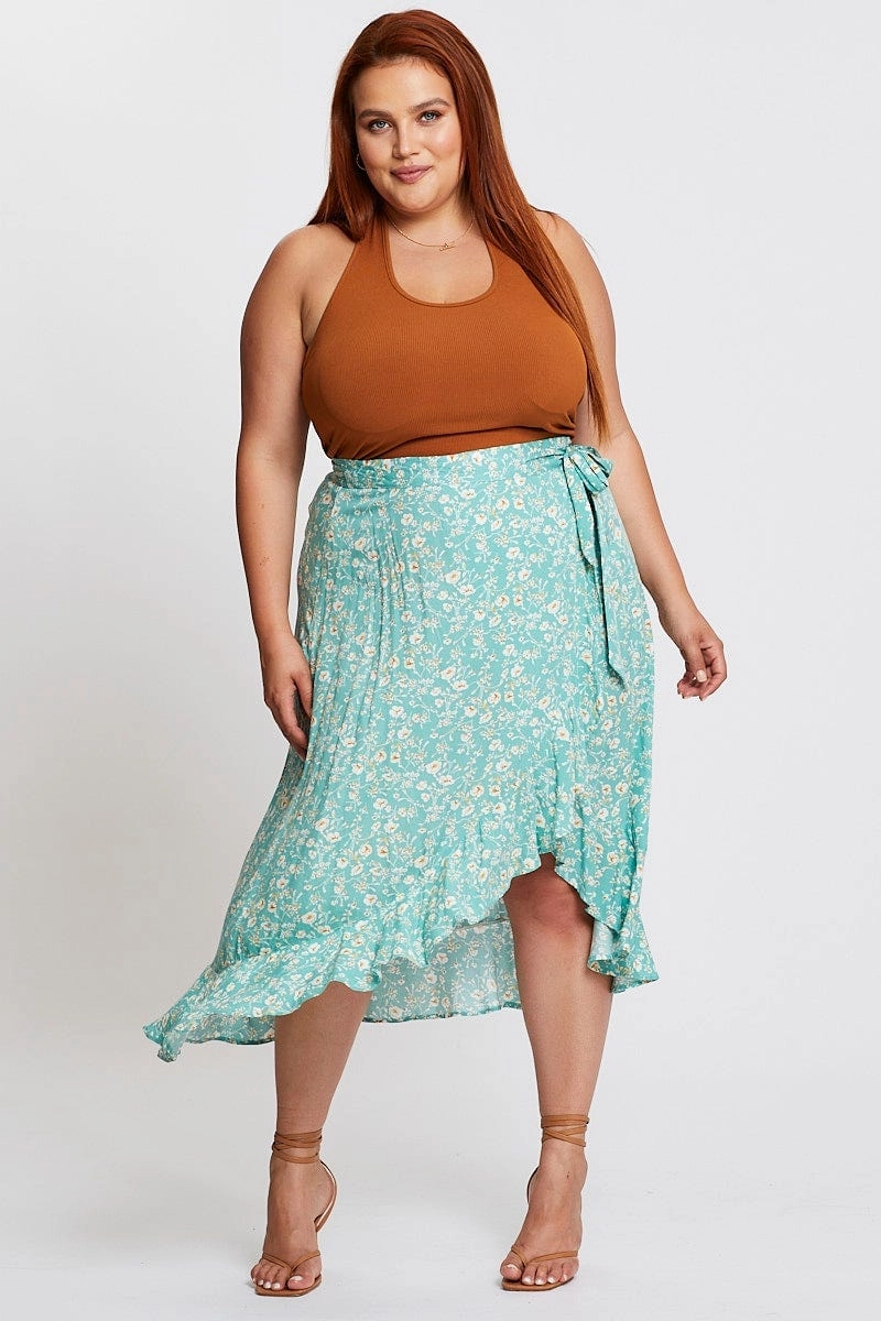 Floral Print Maxi Skirt Ruffle Hem Wrap style