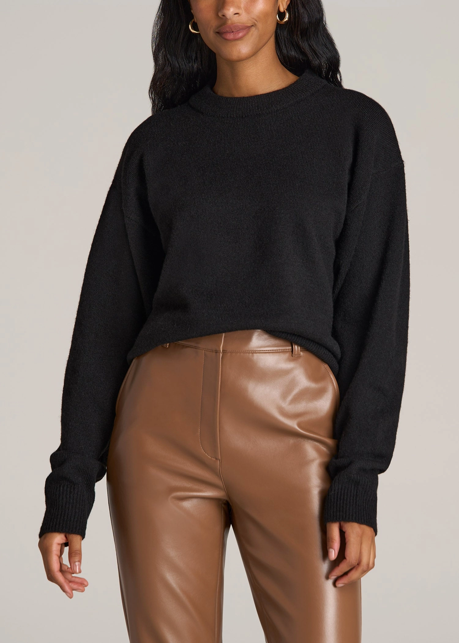 Urban Chic Adjustable Relaxed Crewneck Wool Blend Tall Women's Sweater in Black