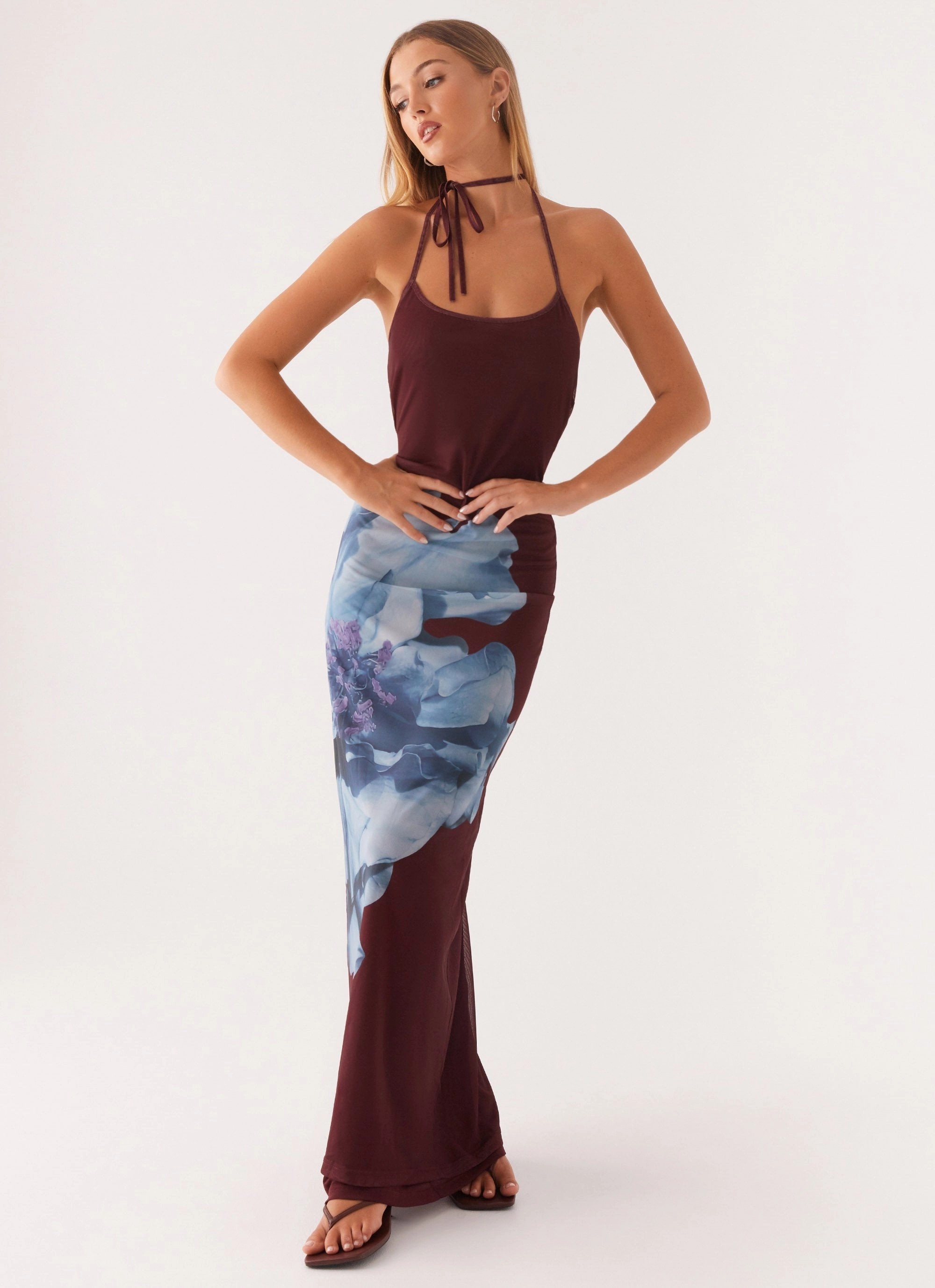 All Day Dayana Halterneck Maxi Dress - Maroon Print