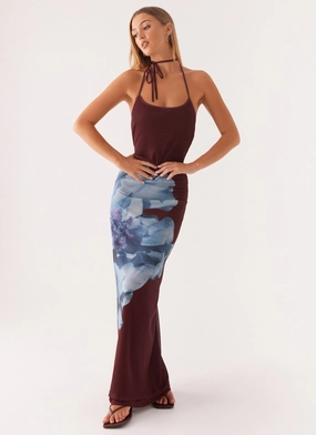 All Day Dayana Halterneck Maxi Dress - Maroon Print