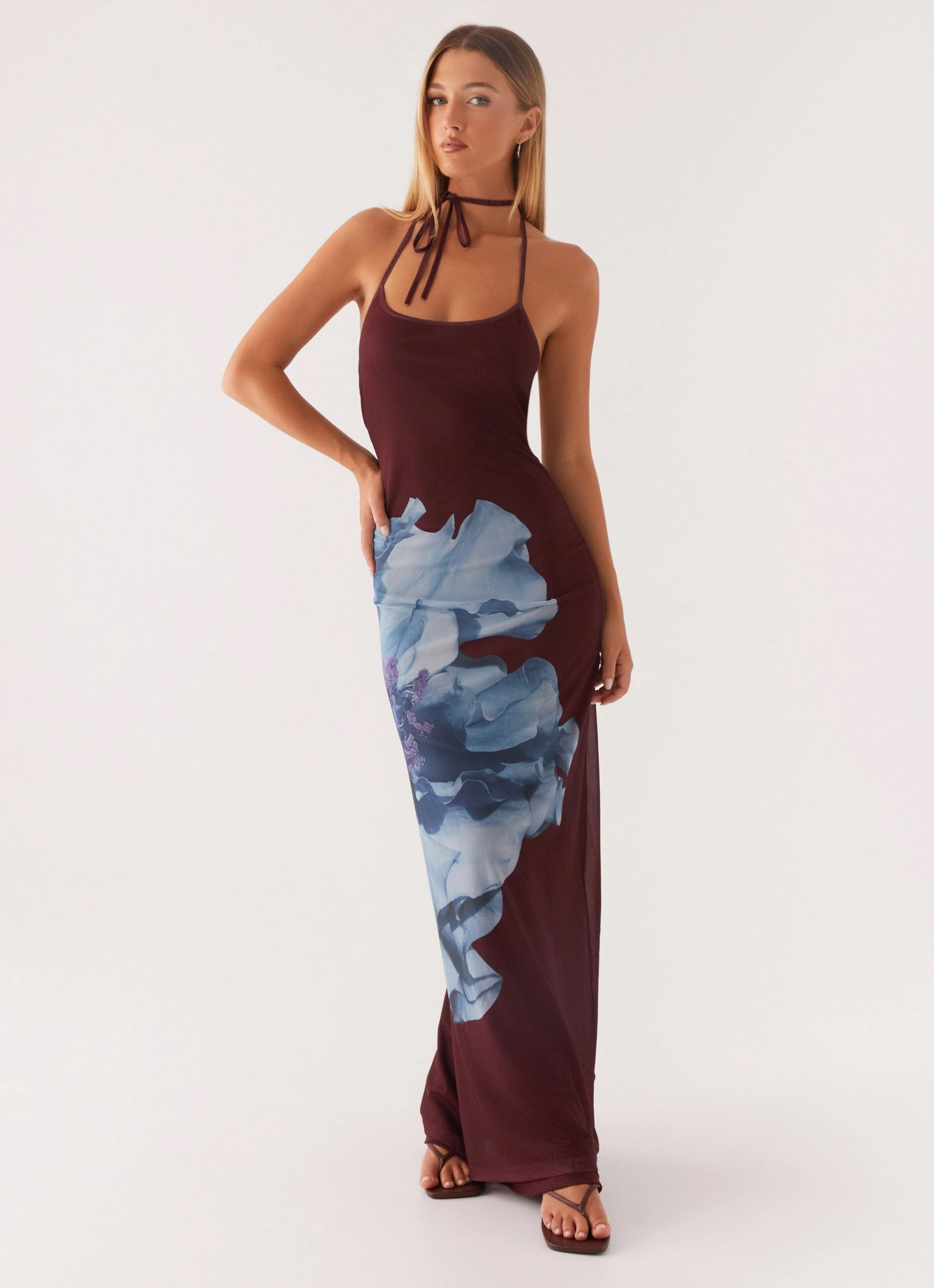 Tiered-Skirt Grace Base Dayana Halterneck Maxi Dress - Maroon Print