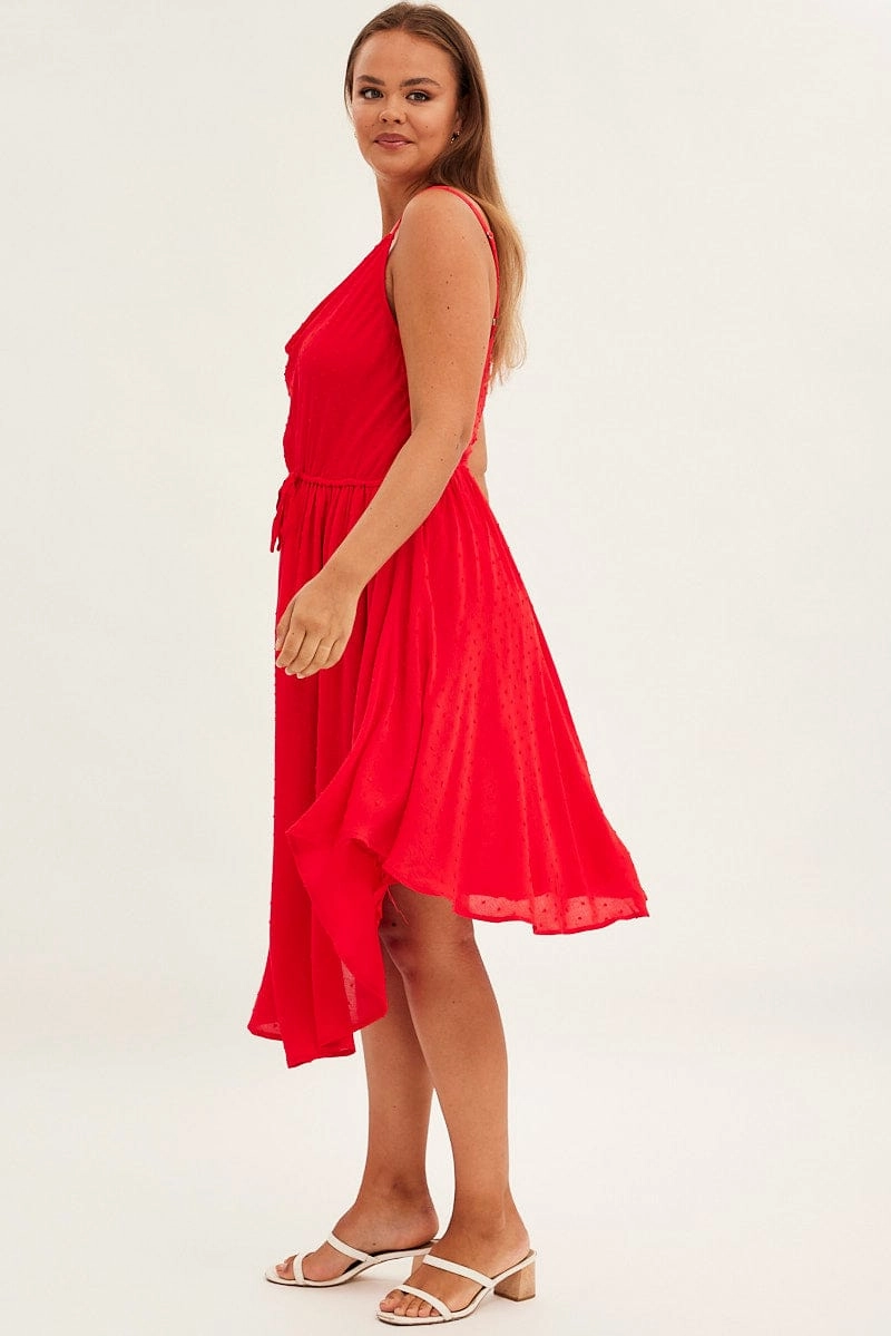 Inclusive Fit Polished Edge Red Party Dress Strappy V Hem Crinkle Dobby Viscose