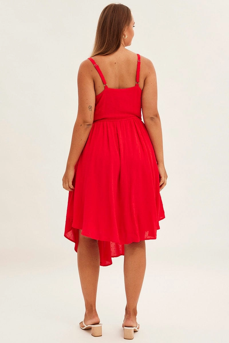 Red Party Dress Strappy V Hem Crinkle Dobby Viscose Coffee Break