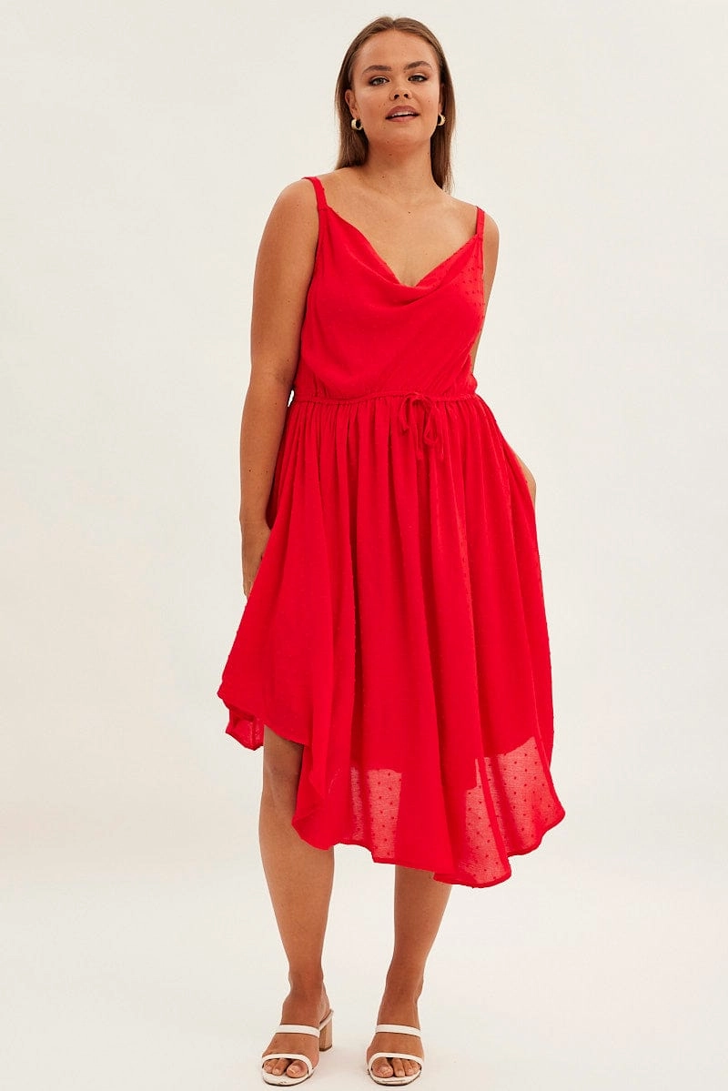 Red Party Dress Strappy V Hem Crinkle Dobby Viscose Family Vibe