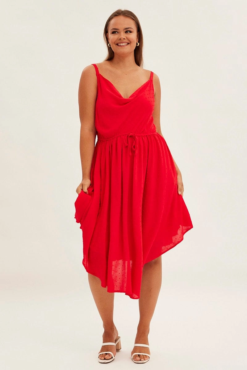 Shade Soft Street-Style Red Party Dress Strappy V Hem Crinkle Dobby Viscose
