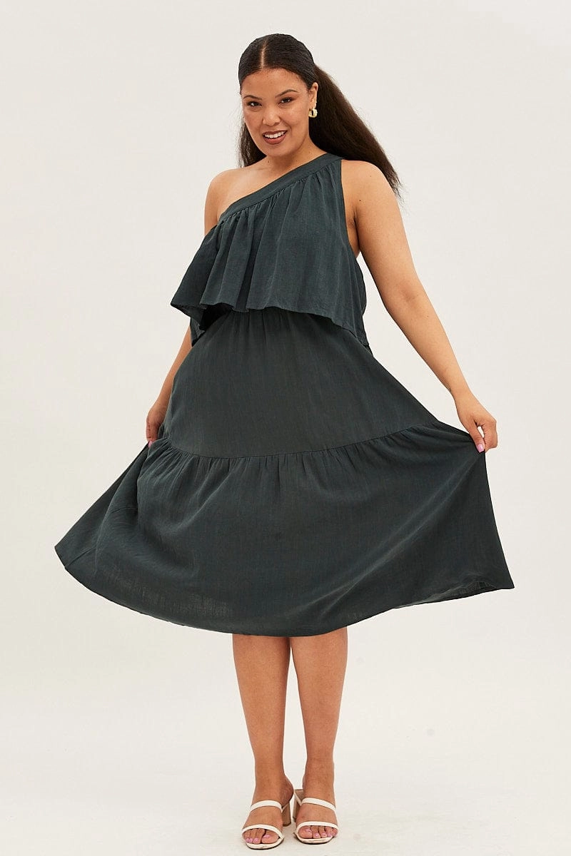 All Gender Cotton-Blend Green Midi Dress One Shoulder Frill Linen Blend