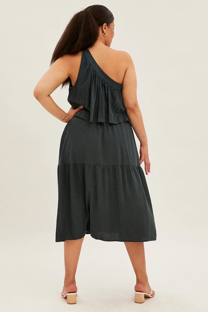 City Style Green Midi Dress One Shoulder Frill Linen Blend