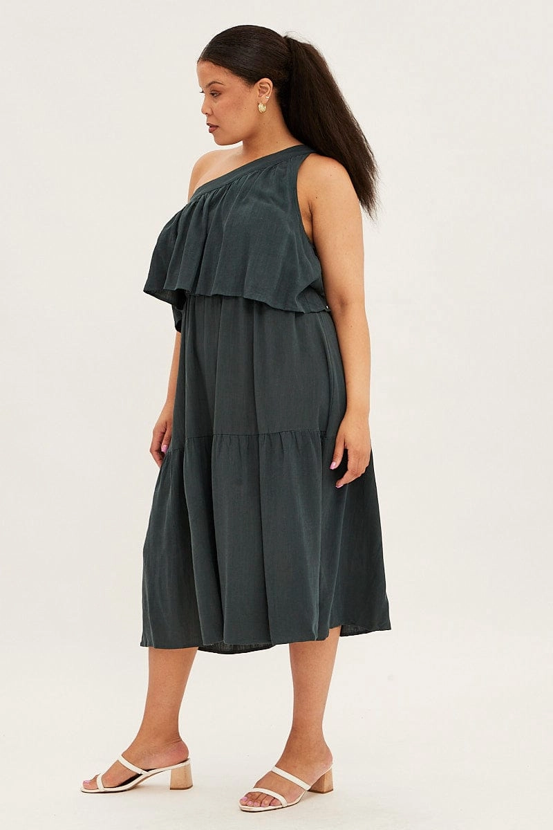 Green Midi Dress One Shoulder Frill Linen Blend Convertible-Style