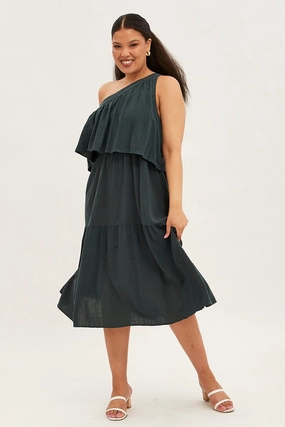 Refined Style Green Midi Dress One Shoulder Frill Linen Blend