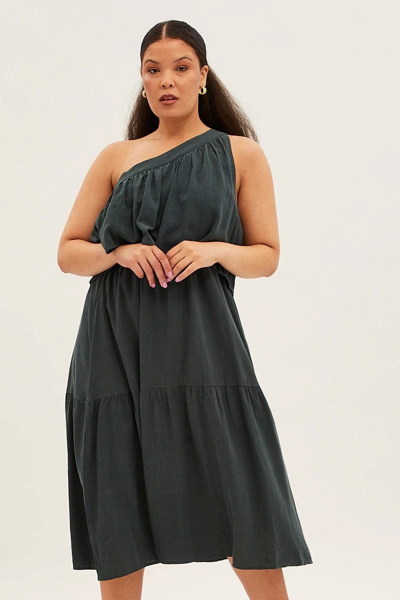 Office Casual Stylish Waistband Green Midi Dress One Shoulder Frill Linen Blend