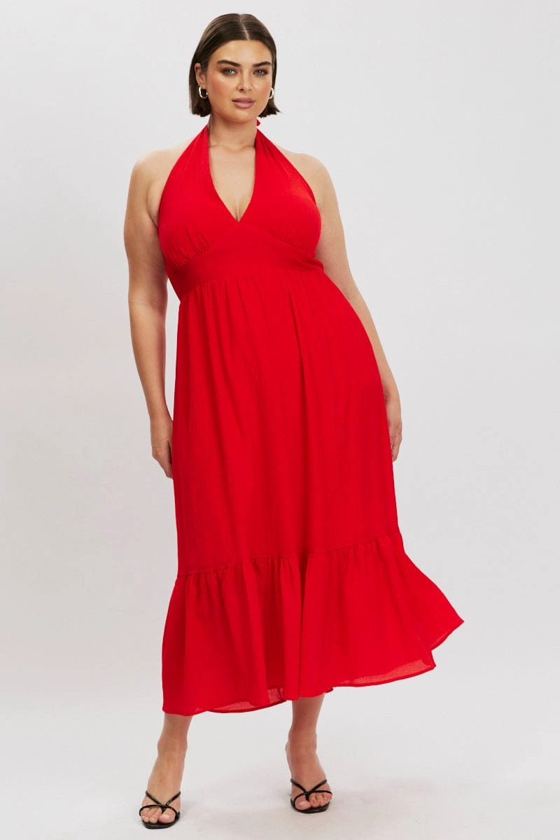 Capsule-Wardrobe Red Halter Neck Dress Sleeveless Textured