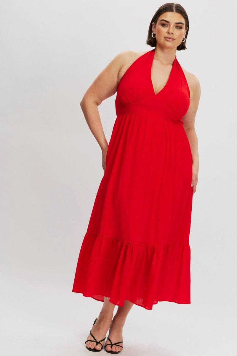 Red Halter Neck Dress Sleeveless Textured Feminine Line