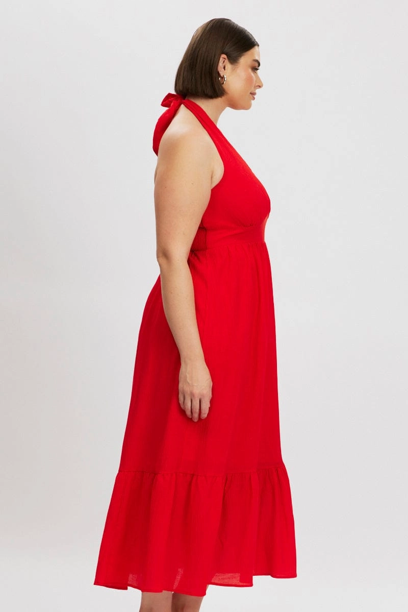 Red Halter Neck Dress Sleeveless Textured Family Joy