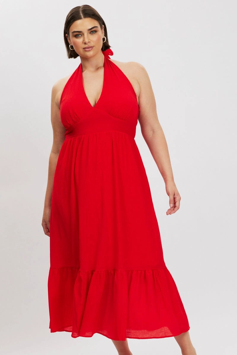 Bust-Enhancing Comfort Fit Red Halter Neck Dress Sleeveless Textured