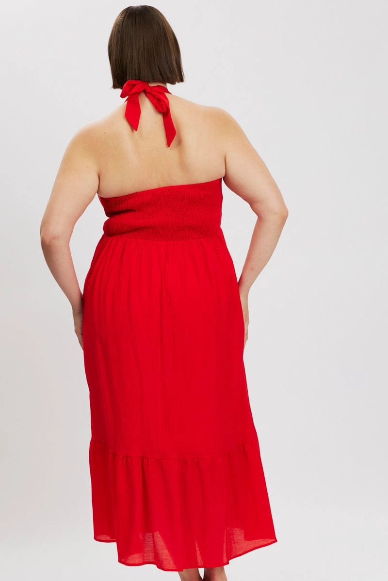 Semi Fit Fitted Design Red Halter Neck Dress Sleeveless Textured