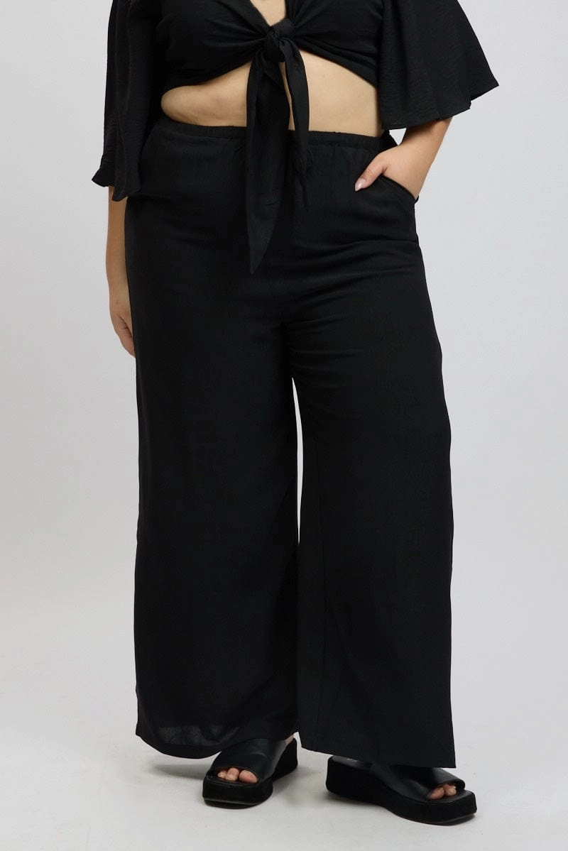 Black Textured Georgette Lined Wide Leg Pants Core Basic Ripstop Fabric Technology