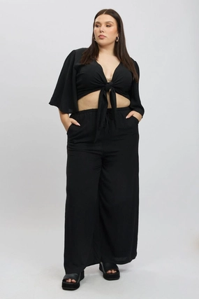 Black Textured Georgette Lined Wide Leg Pants Relaxed Vibe Multipurpose Design