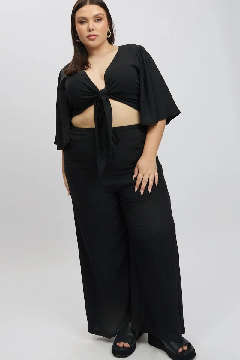 Black Textured Georgette Lined Wide Leg Pants Flexible Activewear
