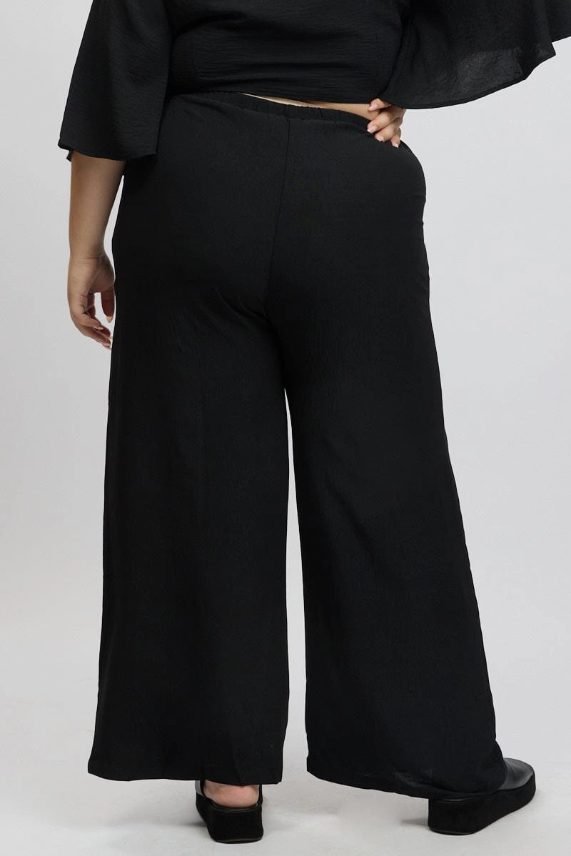 Black Textured Georgette Lined Wide Leg Pants Flex Wear ElasticWaist