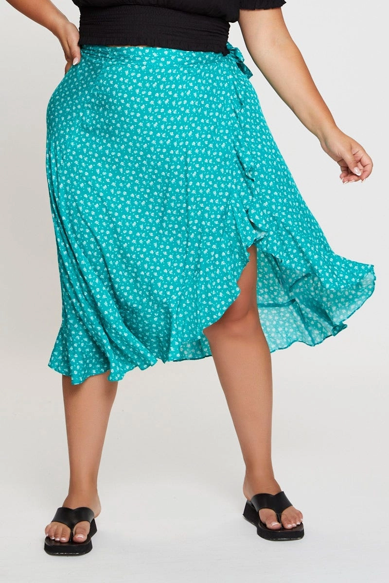 Active Wear Flexible Comfort Floral Print Midi Skirt Ruffle Hem